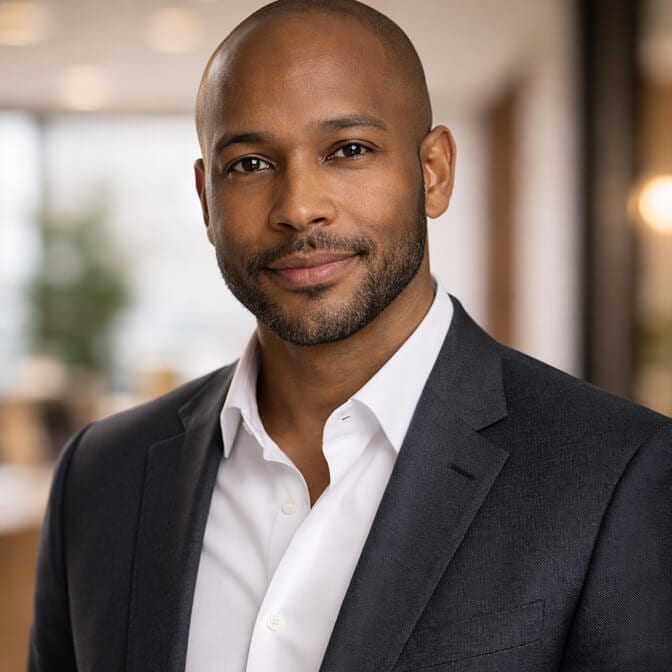 Professional AI headshot of a man in a dark blazer and white open collar shirt against a softly blurred warm office background showing the relaxed natural expression that emerges when the camera no longer feels like a threat