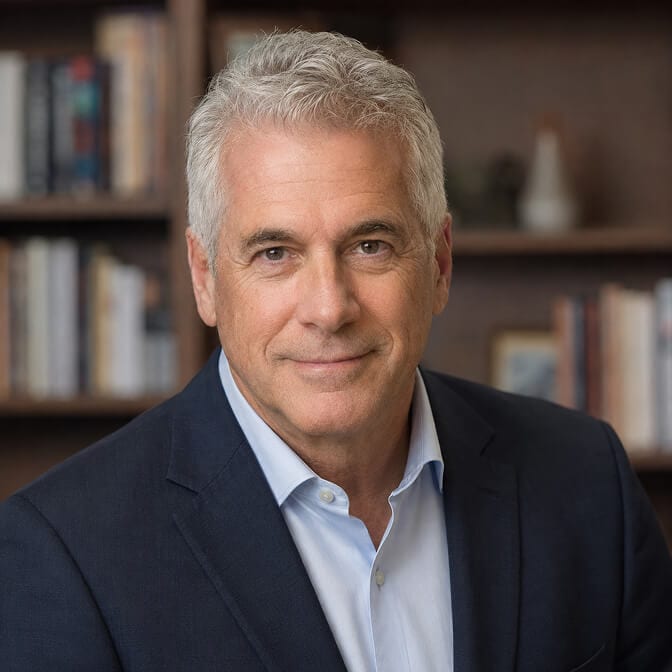 Professional AI headshot of a mature man with gray hair in a navy blazer and light blue shirt against a softly lit library bookshelf background showing the polished, confident output AI headshots can produce without any live photo session