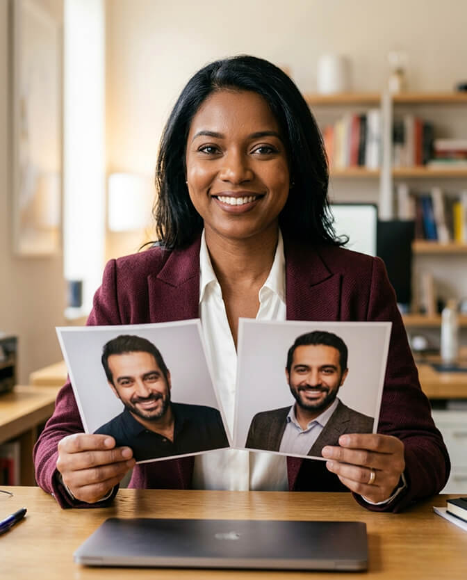 Woman in a burgundy blazer smiling at a desk while holding two printed AI headshot examples showing how good photos can break the unphotogenic belief loop