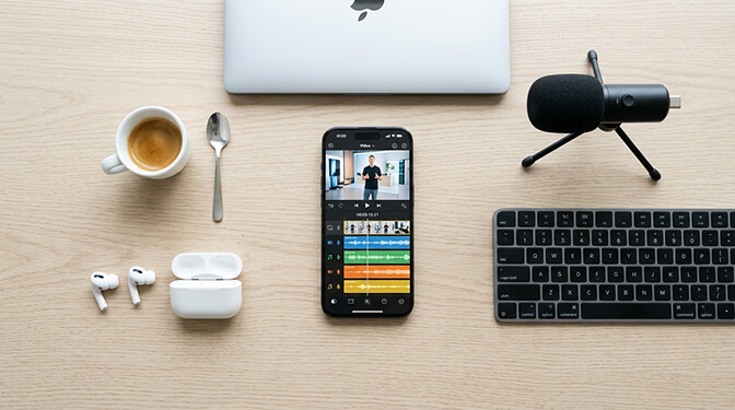 A desk with a phone, earbuds, and a microphone laid out to film and edit a video intro