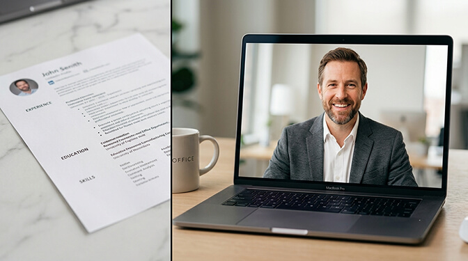 A video introduction playing on a laptop next to a printed resume