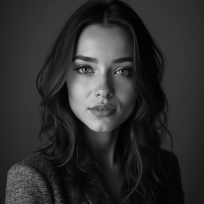 Black and white headshot of a woman with a striking and timeless look, representing a professional and sophisticated appearance.