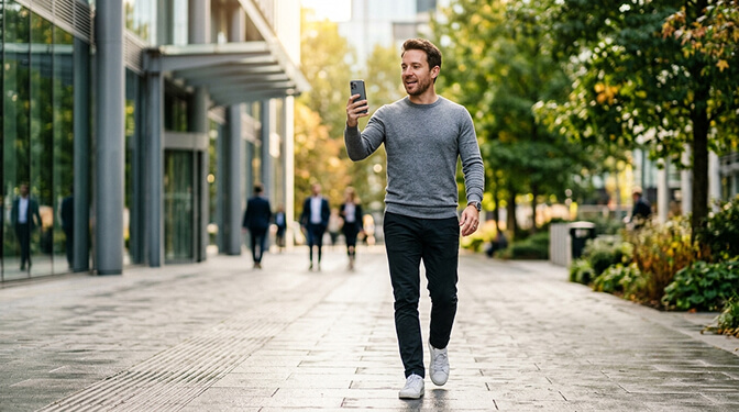 A person filming a walk-and-talk video introduction on a tree-lined street