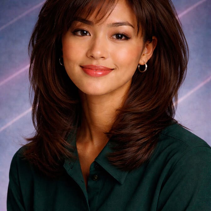 Realistic AI yearbook photo of a woman that recognizably looks like her in retro styling