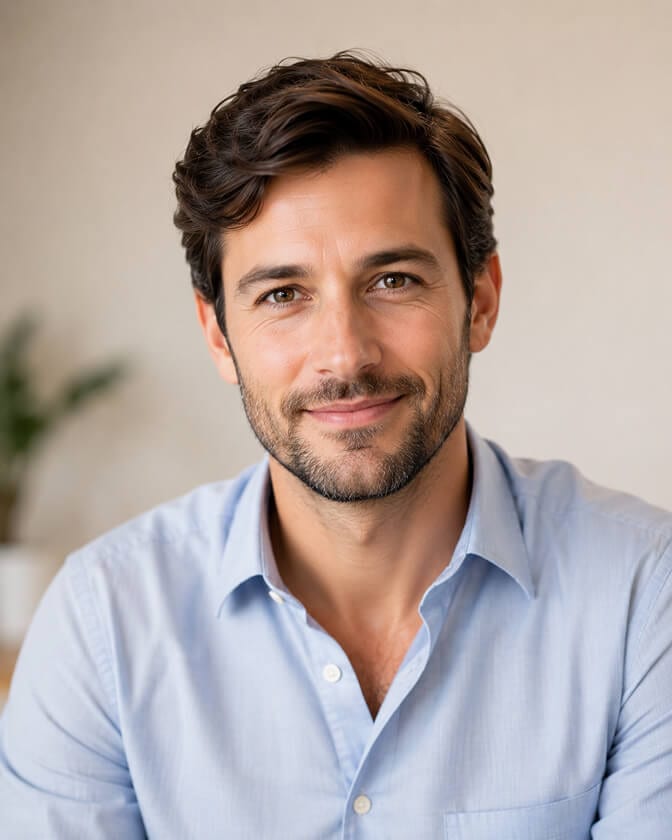 Natural, well-lit professional headshot of a man with a genuine expression, the kind of face a recruiter reads as trustworthy at a glance