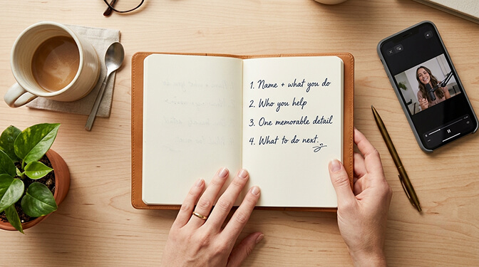 A short handwritten plan for a video introduction next to a phone recording