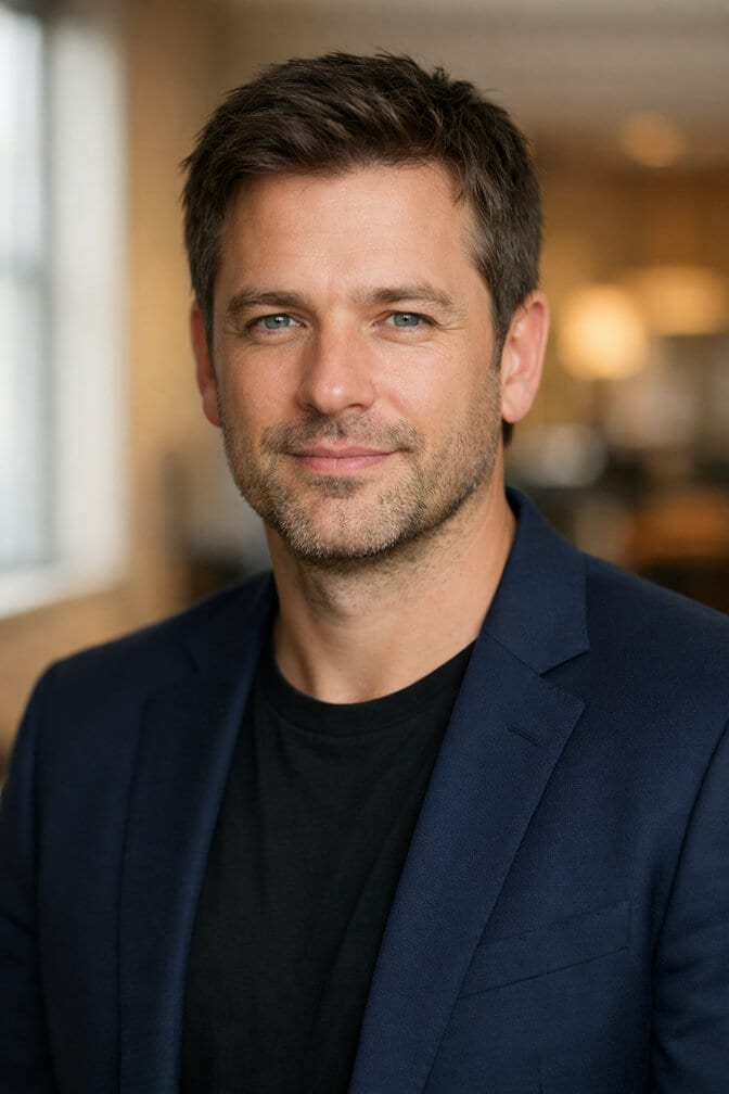 Professional headshot of a man in a structured navy blazer over a plain black crewneck tee against a softly blurred office background showing the most flexible everyday professional look