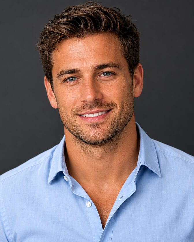 Professional headshot of a man in a crisp light blue button down shirt with no jacket against a clean background showing a polished but relaxed everyday look