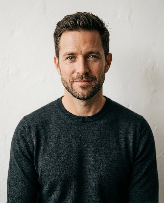 Professional headshot of a man in a fine gauge solid charcoal grey crewneck sweater against a clean white wall showing the soft textured smart casual look