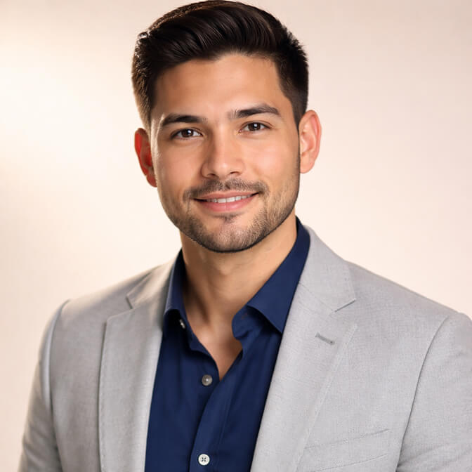 Professional AI headshot of a man in a light gray blazer and navy shirt against a soft neutral background showing a natural at ease expression that overcomes the four forces of photo anxiety