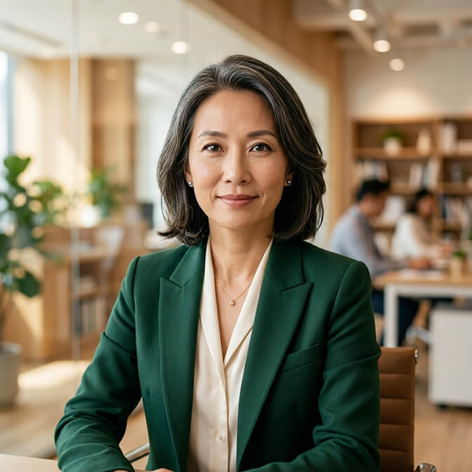 Professional AI headshot of a woman in a dark green blazer with a cream blouse against a soft blurred office background showing how flattering a portrait can look when shot from a respectful distance