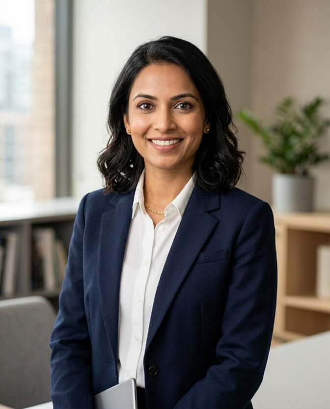 Professional headshot of a woman in a navy blazer against a clean, softly blurred office background