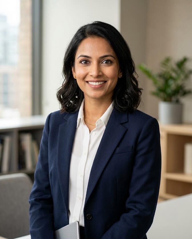 Professional headshot of a woman in a navy blazer against a clean, softly blurred office background