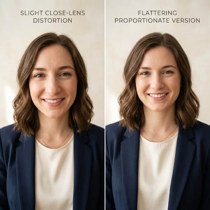 Side by side comparison showing close-lens distortion versus a flattering, proportionate headshot of the same woman