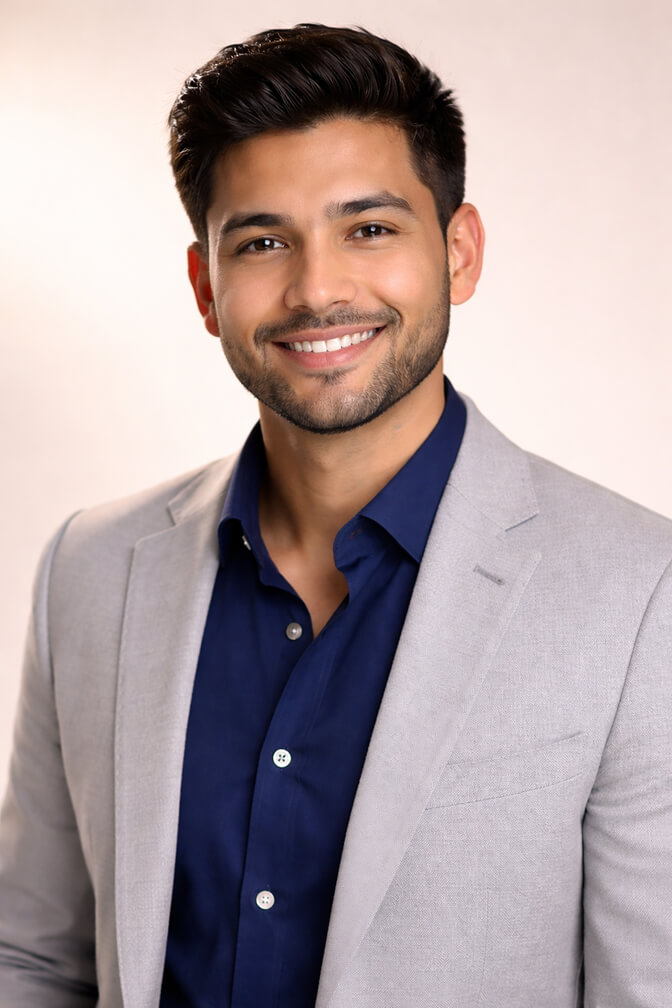 Professional AI headshot of a man in a light gray blazer and navy shirt against a warm neutral background showing how raising the camera slightly above eye level lengthens the neck and defines the jaw