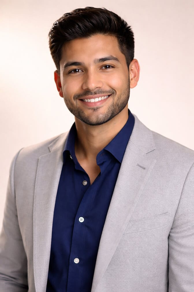 Professional AI headshot of a man in a light gray blazer and navy shirt against a warm neutral background showing how raising the camera slightly above eye level lengthens the neck and defines the jaw