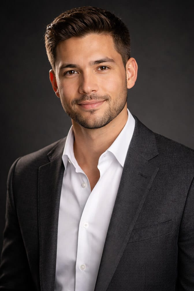 Professional AI headshot of a man in a dark gray blazer and white open collar shirt against a dark studio background showing how flattering proportions return when the camera is shot from a respectful distance