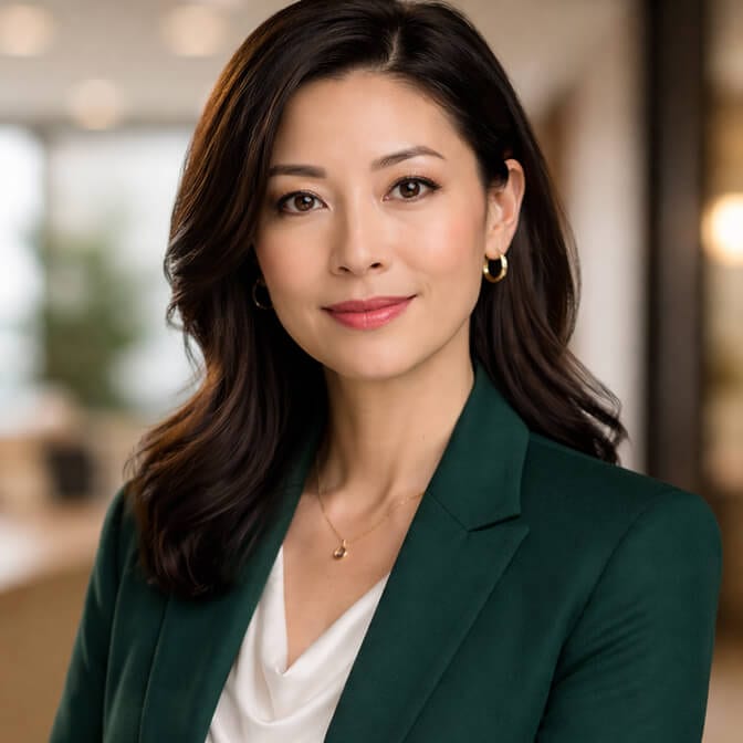 Professional AI headshot of a woman in a dark green blazer and white top against a softly blurred office background showing how soft even front light keeps the face dimensional instead of flat