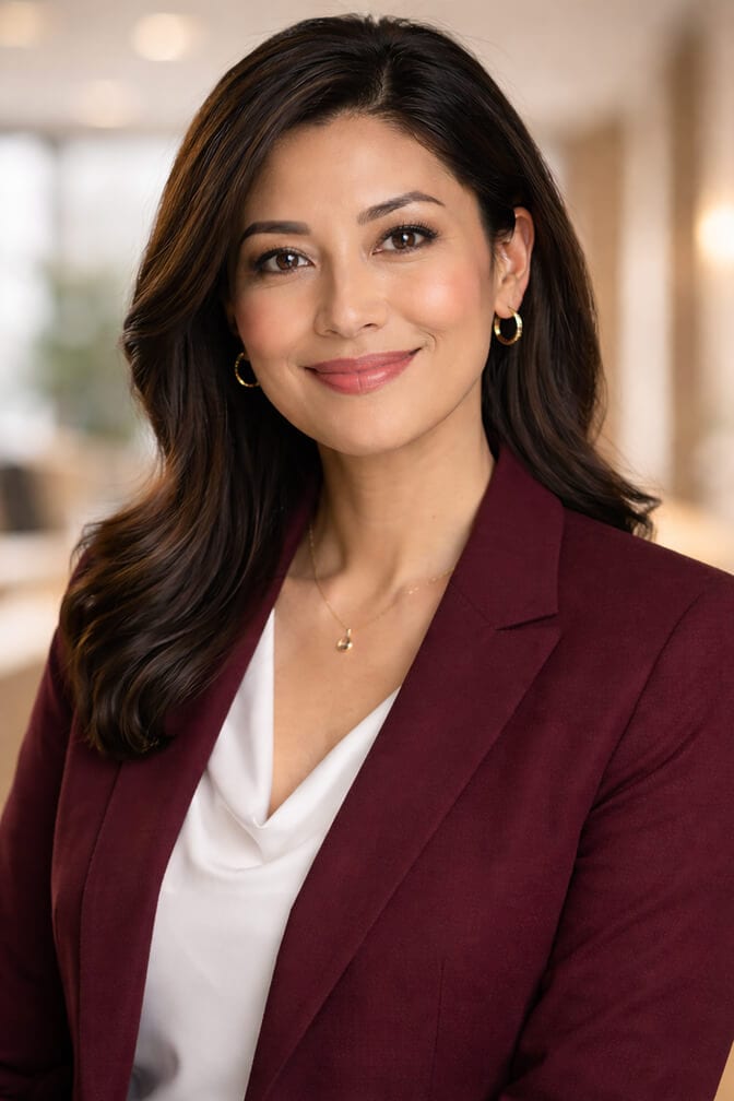 Professional AI headshot of a woman in a burgundy blazer and white top against a softly blurred office background showing the warm present expression that emerges when many frames are captured and the best moment is selected