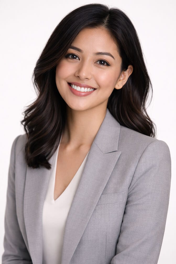 Recognizable professional headshot of a woman in a grey blazer that matches the person who walks into the interview