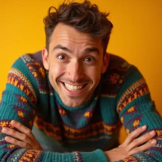 AI generated actor headshot of a man wearing colourful sweater with enthusiastic expression