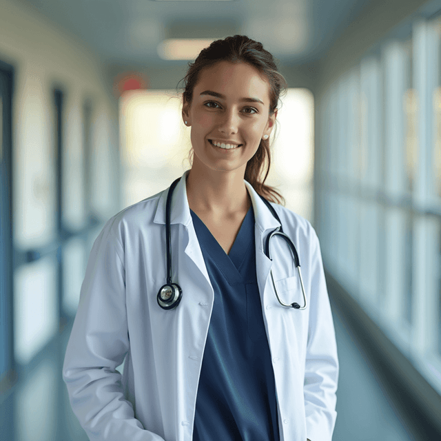 AI generated eras headshot of a woman wearing white coat with stethoscope