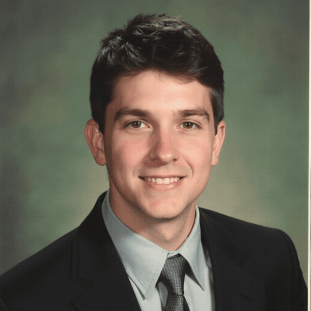 AI-generated yearbook headshot of a white man with short dark brown hair