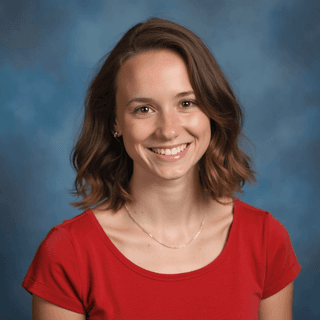 AI-generated yearbook headshot of a young white woman in blurred blue gradient backdrop