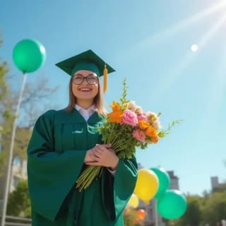AI generated graduation headshot of a woman holding bouquet and balloons