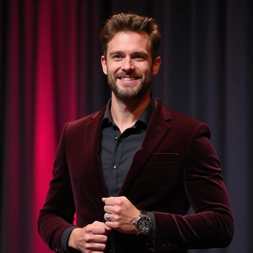 Pageant headshot of a man wearing a burgundy velvet blazer, smiling casually under soft lighting.