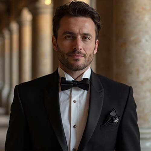 Pageant headshot of a man in a classic black tuxedo with a bow tie, standing confidently against architectural backdrop.
