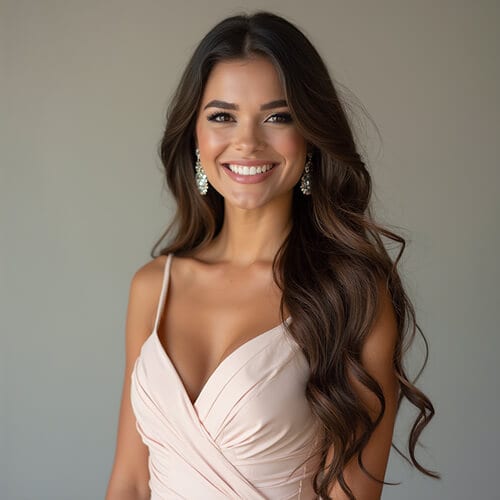Pageant headshot of a woman in a soft pink gown, smiling gracefully with long hair and sparkling earrings.