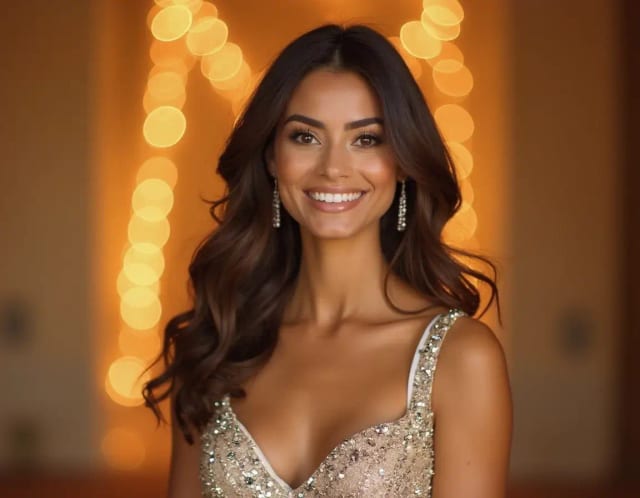 Pageant headshot of a woman with blurred lighting background