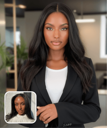 AI-generated professional headshot of a woman in a black blazer, created from a selfie