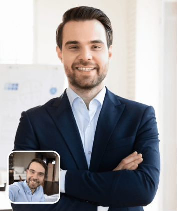 AI-generated professional headshot of a man in a dark blue suit jacket, created from a selfie