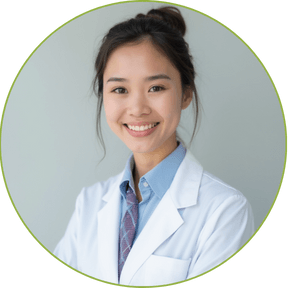 id photo of a woman in a white coat against a plain grey background