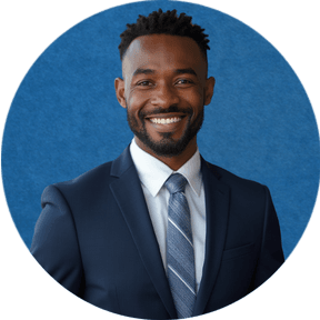 passport photo of a man in a suit against a solid blue background