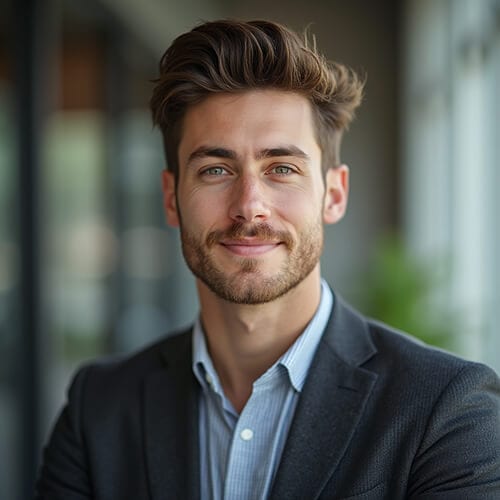 Smiling professional man with a blurred office background ideal for LinkedIn and personal branding.