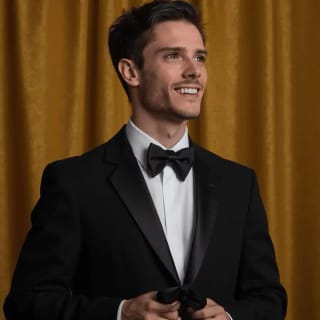 AI generated pageant headshot of a male in a tuxedo
