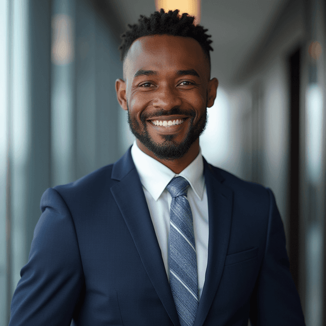 AI-generated headshot of a smiling man in a navy blue suit and tie in a bright corporate office hallway.