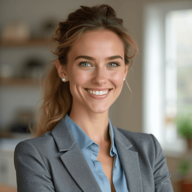 AI-generated headshot of a smiling woman in a grey blazer and blue shirt with a blurred indoor background.
