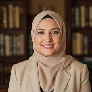 AI generated headshot of a woman in a hijab and beige blazer in a library