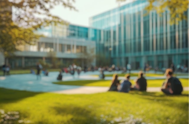 Modern university campus background with academic buildings, green lawn, and students