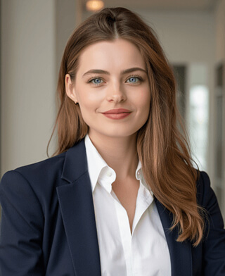 AI-generated professional headshot of a young woman with long brown hair wearing a dark blue blazer, with blurred indoor office background