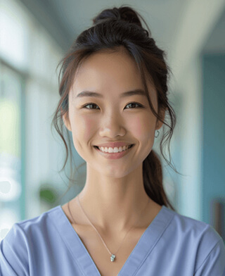 AI-generated healthcare professional headshot of a smiling young woman in light blue scrubs, with blurred medical setting background