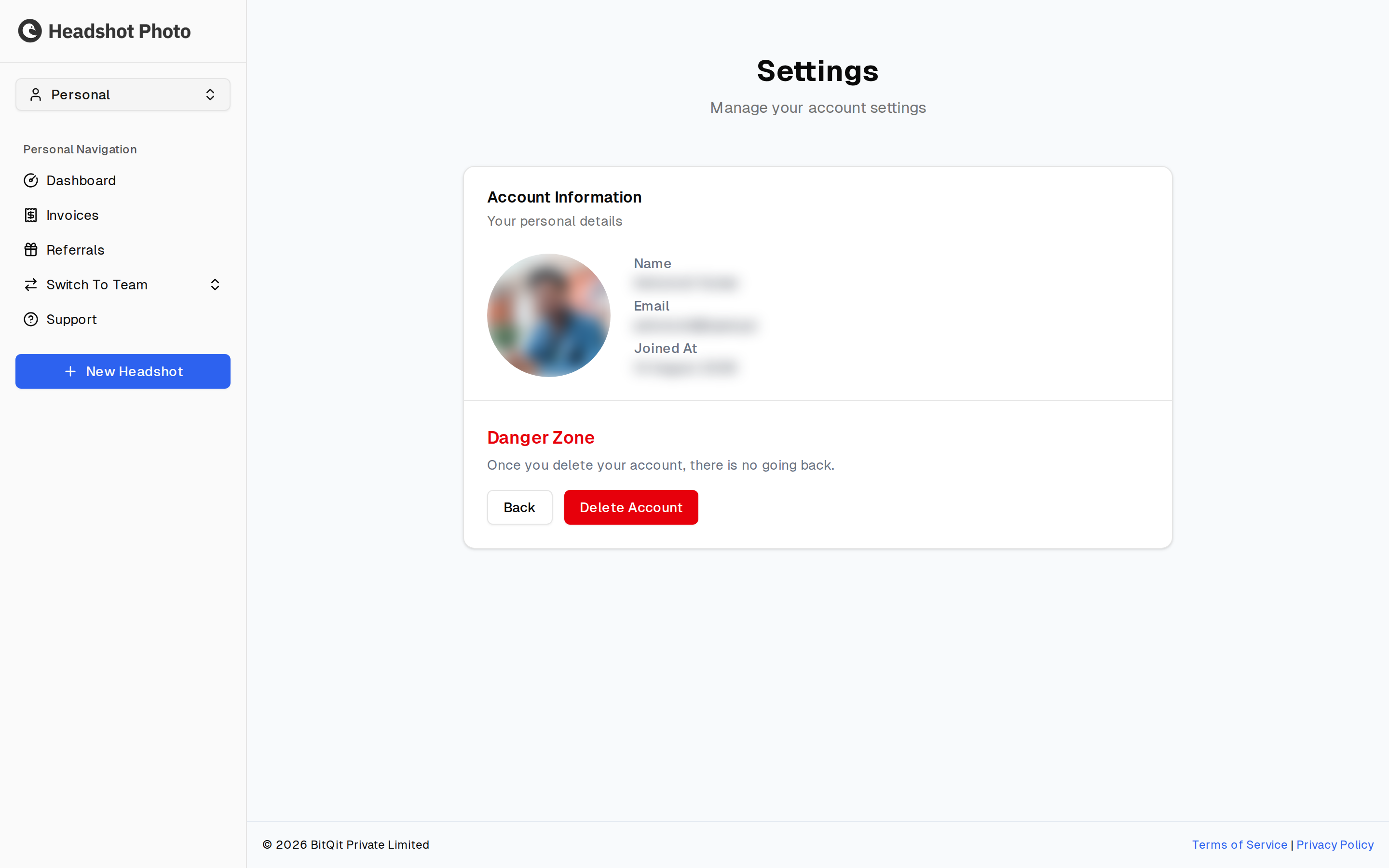 Account settings page showing account information and the danger zone