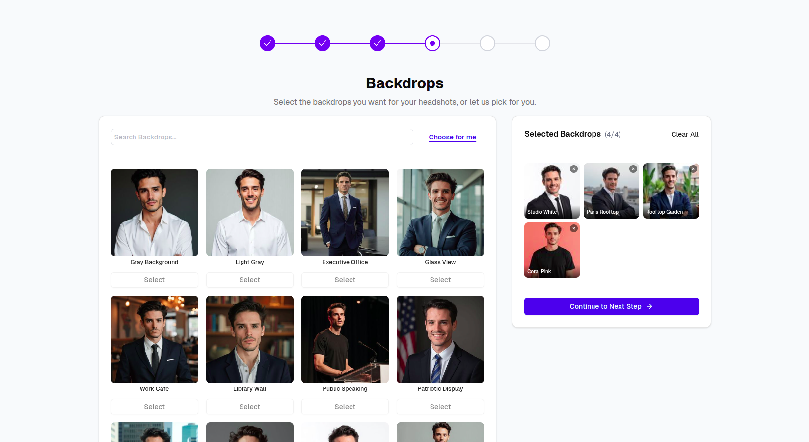 Backdrop selection screen for an individual headshot session