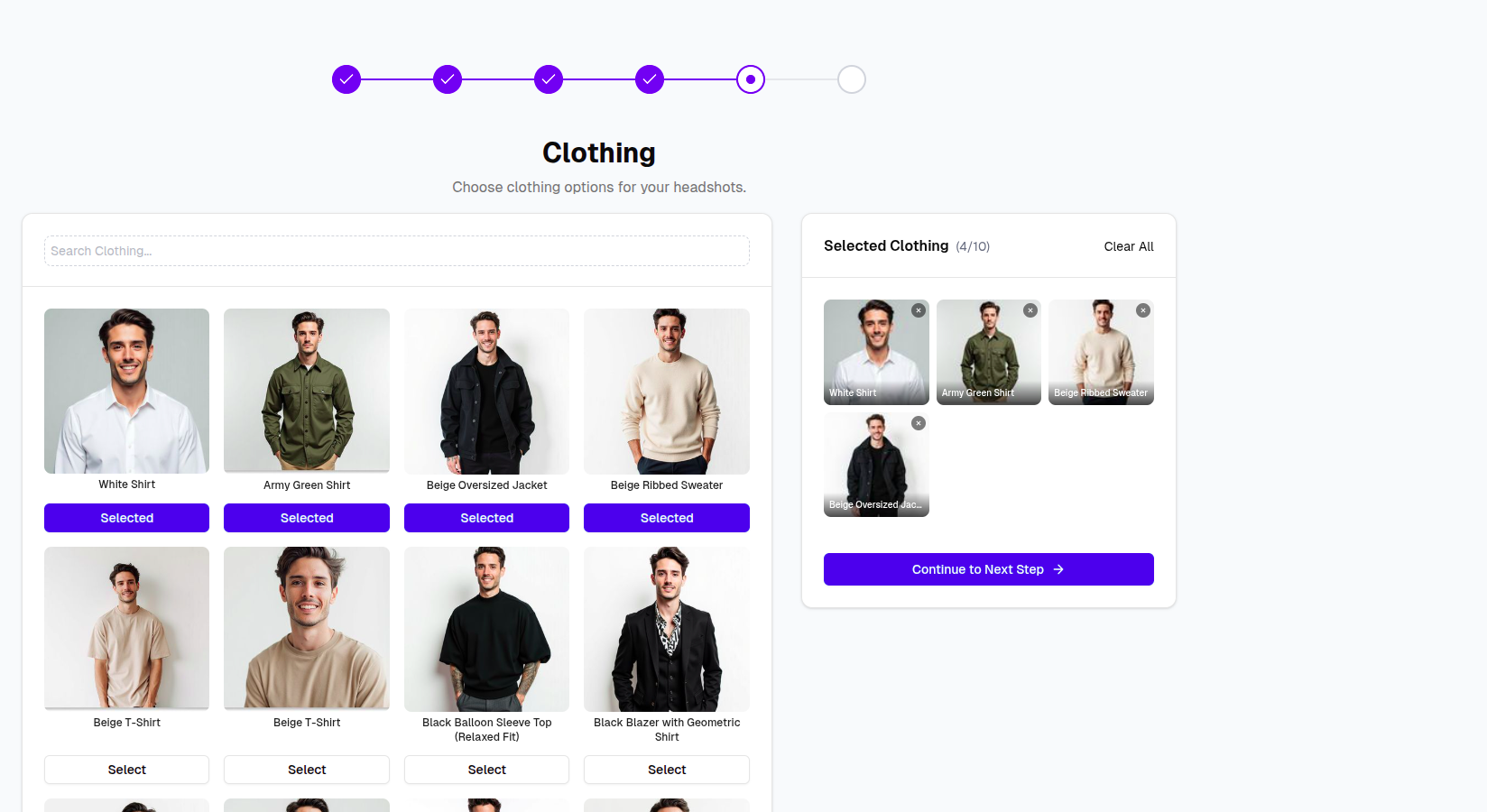 Clothing selection screen for an individual headshot session