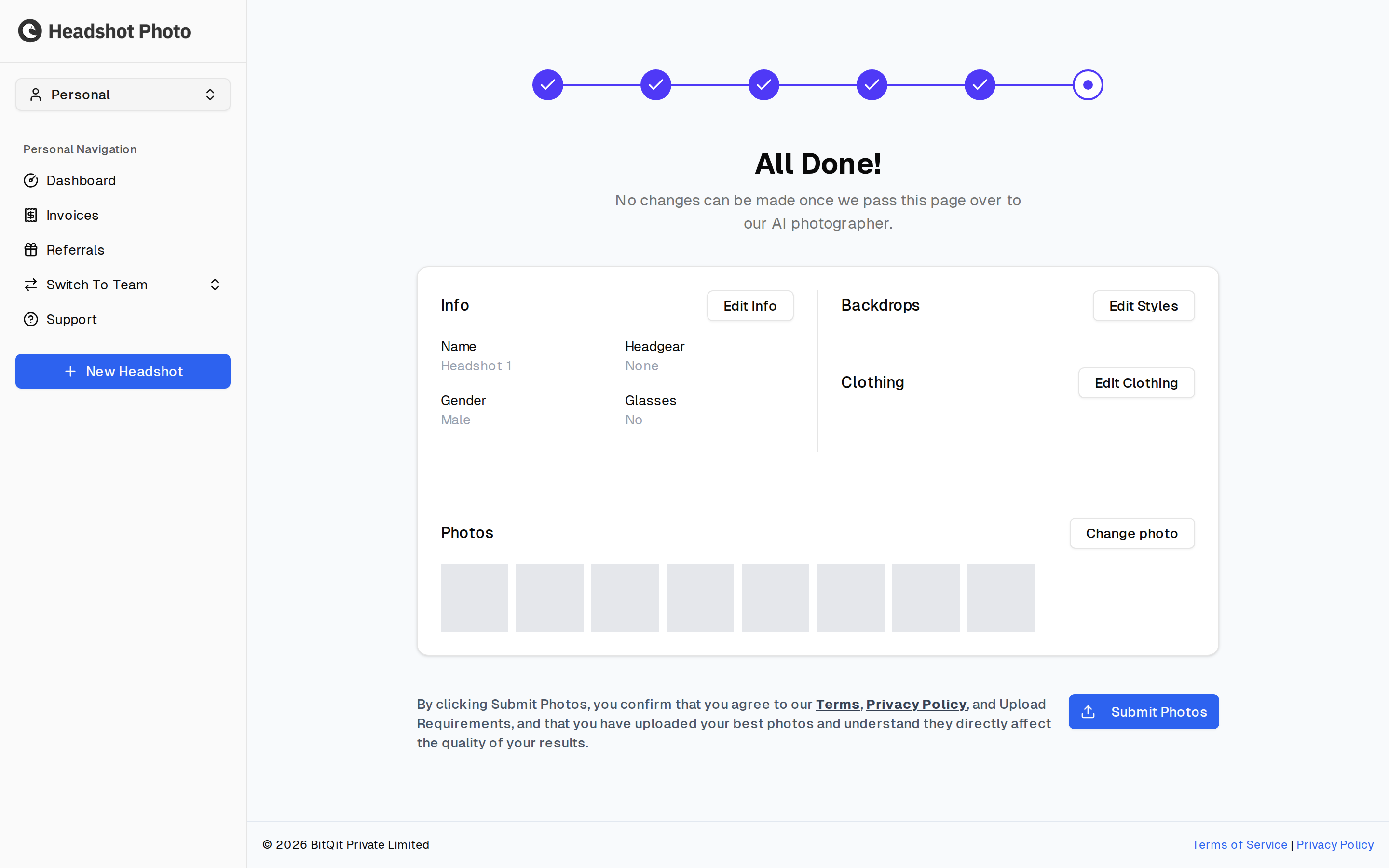 Confirmation screen before submitting an individual headshot session
