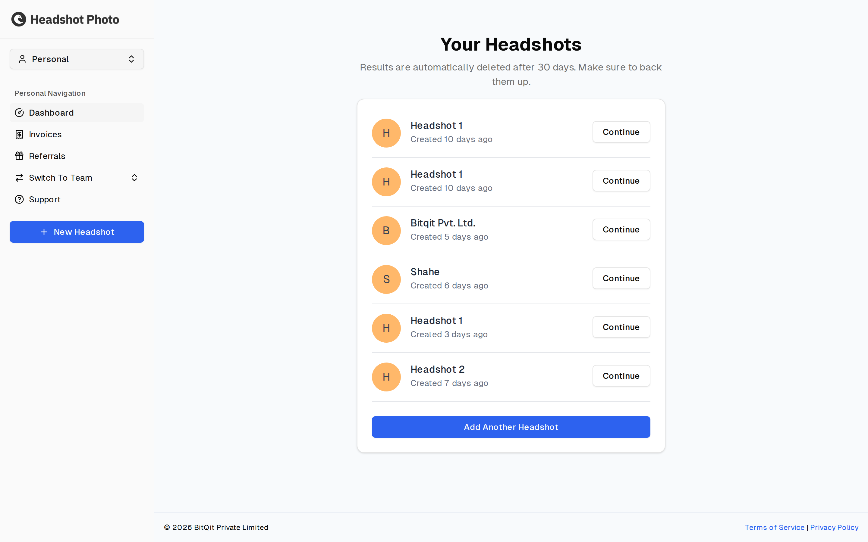 Personal dashboard listing existing headshot sessions, each with a Continue button